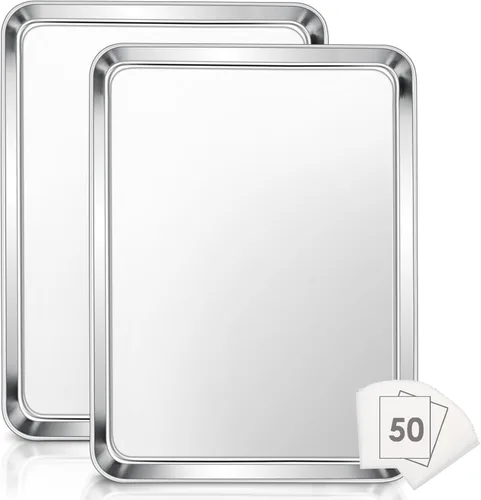 Vista 11 de E-far - Juego de 2 bandejas pequeñas para hornear, horno tostador de acero inoxidable de 9.4 x 7.3 pulgadas con 50 papeles pergaminos, mini bandeja