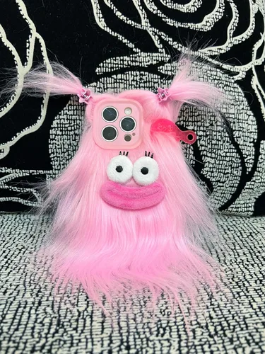 Vista 8 de Funda de teléfono de felpa negra para iPhone 11, linda funda DIY de pelo largo con cara divertida y abrigada, funda protectora de invierno