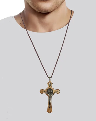 Vista 5 de Catholica Shop Saint Benedict Medal Wood Crucifix Pendant Cord Necklace. Religious Necklace for Men and Women. Made in Brazil