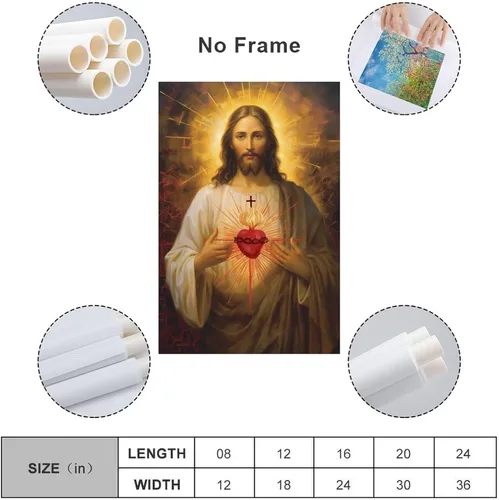 Vista 2 de Reccmeny Lienzo religioso del Sagrado Corazón de Jesús, cuadro de Cristo, arte de pared, pintura de Dios cristiano, foto para decoración de la sala
