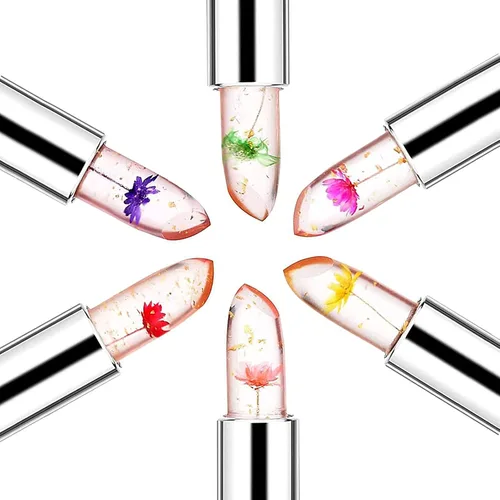 Vista 5 de Paquete de 6 lápices labiales de gelatina de flores de cristal, bálsamo labial nutritivo de larga duración, hidratante mágico que cambia