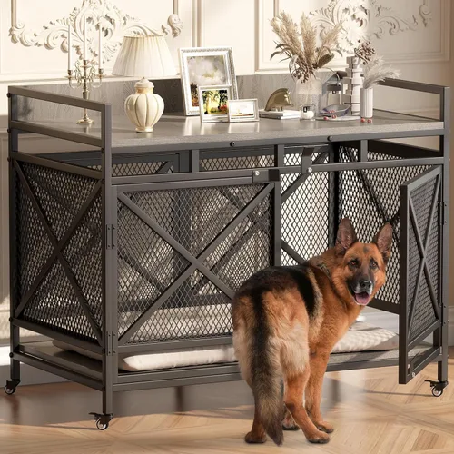 Vista 9 de COZPAW Jaula para perros de 48 pulgadas con ruedas, marrón Perrera extra grande para perros XL, mesa auxiliar de madera con barandilla, marco