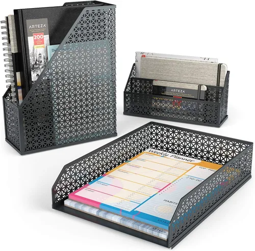 Vista 3 de ARTEZA Juego organizador de escritorio, 6 piezas, gris oscuro, incluye vaso para lápices, clasificador de cartas, bandeja, soporte para revistas