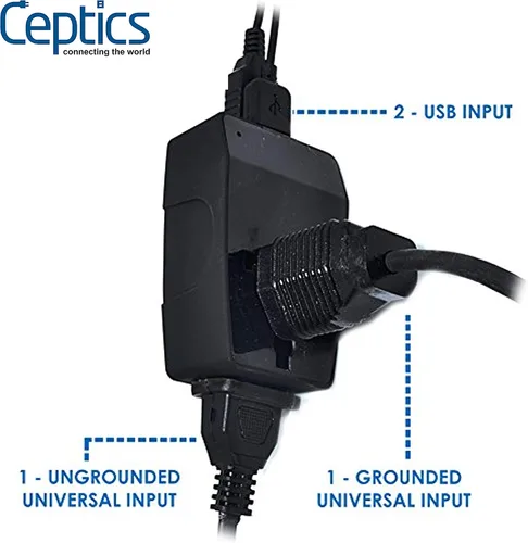 Vista 2 de Enchufe adaptador de viaje Ceptics GP4-9 Schuko, 4 en 1, tipo E/F, enchufe universal con 2 puertos USB Type C - Most of Europe Negro