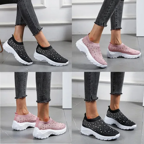 Vista 7 de Tenis ortopédicos de malla de punto con diamantes de imitación para mujer, cómodos, transpirables, con soporte de arco, mocasines ultraligeros