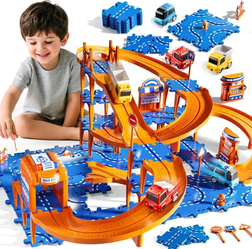 Vista 12 de Puzzle Racer - Juego de pistas de autos para niños, pistas de carreras de 4 niveles para niños de 3 a 5 años con 3 autos, piezas de tráfico