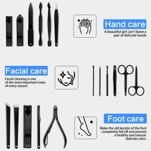 Vista 4 de Kit de manicura y pedicura 18 en 1, cortador de uñas de acero inoxidable de alta precisión, tijeras afiladas para hombres y mujeres, tijeras Azul_18