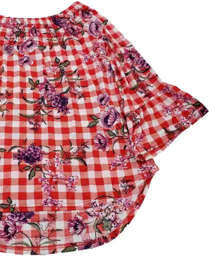 Vista 2 de Camiseta de manga corta para mujer, diseño de cuadros rojos