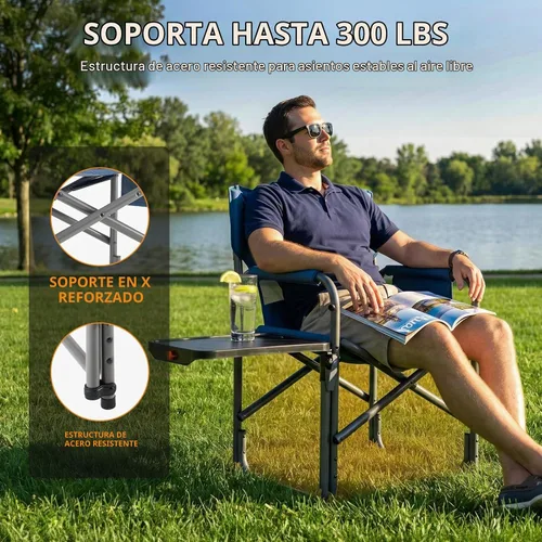 Vista 6 de Portal Silla de director plegable con mesa auxiliar giratoria de 2 vías, silla de campamento resistente de 300 libras con bandeja giratoria y Azul