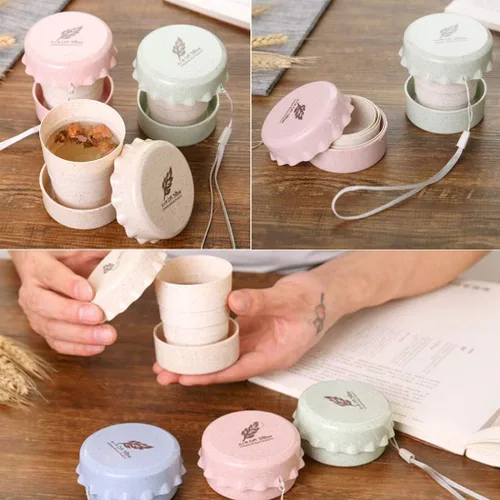 Vista 6 de Taza de camping plegable con tapa, plegable telescópica de trigo con paja, taza de agua plegable sin BPA para viajes al aire libre, color beige