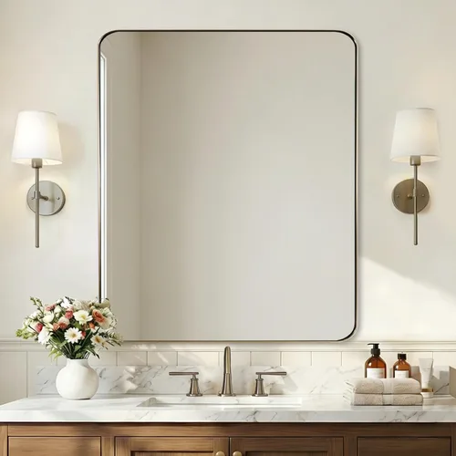 Vista 71 de ANDY STAR Espejo de pared cuadrado para baño, espejo de baño negro mate de 24 x 24 pulgadas, espejo de metal de esquina redondeada en marco de acero