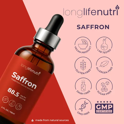 Vista 6 de LongLifeNutri Gotas de extracto de azafrán, suplemento líquido de 4 onzas líquidas, fórmula herbaria de 88.5 mg, cápsulas de salto, formato