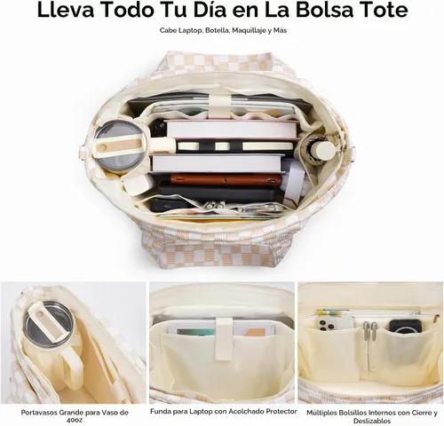 Vista 4 de TOPEAST Corduroy Tote Bag for Women, Laptop Work Tote with Cup Holder Beige-blanco.