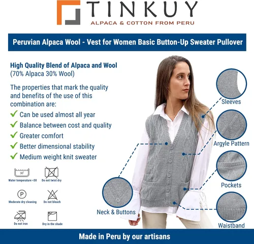 Vista 5 de TINKUY Chaleco peruano de lana de alpaca con cuello en V y rombos para mujer, S-4XL