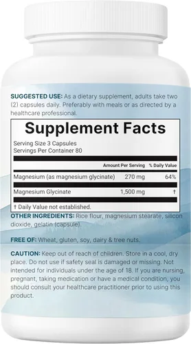 Vista 6 de Glicinato de Magnesio de Triple Potencia 1,500mg Por Porción, 240 Cápsulas 500mg Por Cápsula Magnesio Quelado de Fácil Absorción +