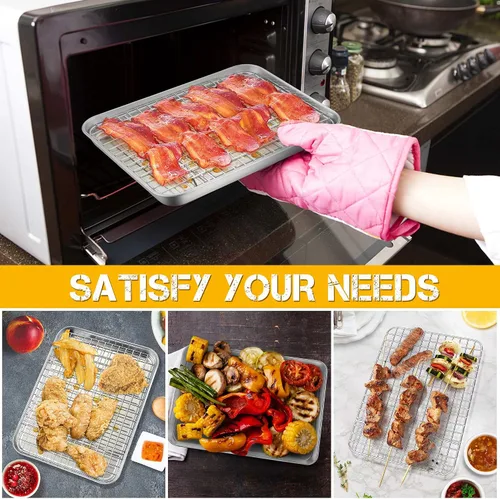 Vista 7 de P&P CHEF, bandeja para horno tostador de 9 pulgadas con juego de rejilla, bandeja de hornear de acero inoxidable y rejilla de enfriamiento