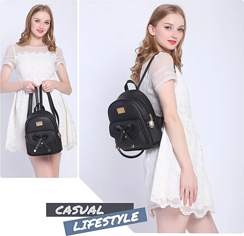 Vista 7 de Mochila pequeña para niñas y mujeres, de cuero, a la moda, para el día a día, Negro), .