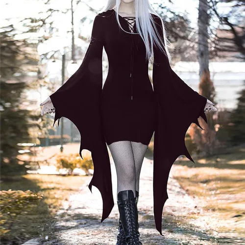 Vista 2 de Disfraces de Halloween para mujer, vestido sexy de manga murciélago, gótico, vintage, mini vestido cruzado, vestido de fiesta de manga larga