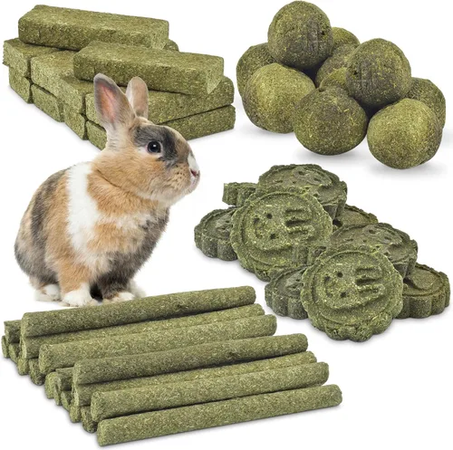 Vista 7 de ERKOON 25 juguetes masticables de conejo, 100% natural Timothy heno galleta y palitos de golosinas, juguete masticable para dientes para conejo