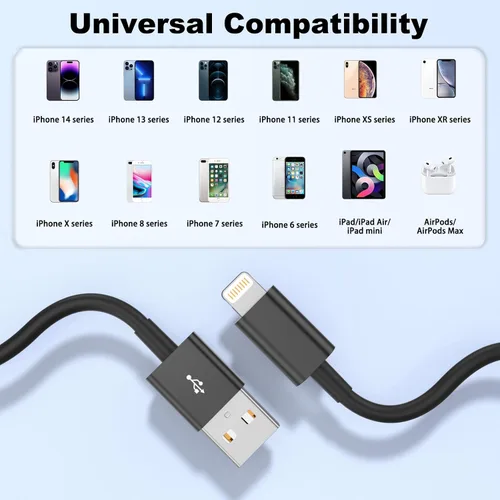 Vista 6 de Lieyichan Cable Carplay para automóvil, cable USB A a Lightning de 3 pies, cable de carga para iPhone compatible con iPhone 14pro Negro