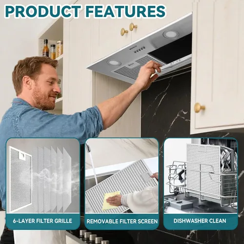Vista 3 de Campana extractora integrada/de inserción de 700 CFM de 30 pulgadas - Campana de ventilación de cocina convertible con conductos/sin conductos con 3