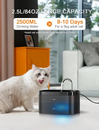 Vista 2 de Fuente de agua para gatos, fuente para gatos de 84 onzas/2.5 L, fuente de agua súper silenciosa para mascotas, filtro de carbón activado