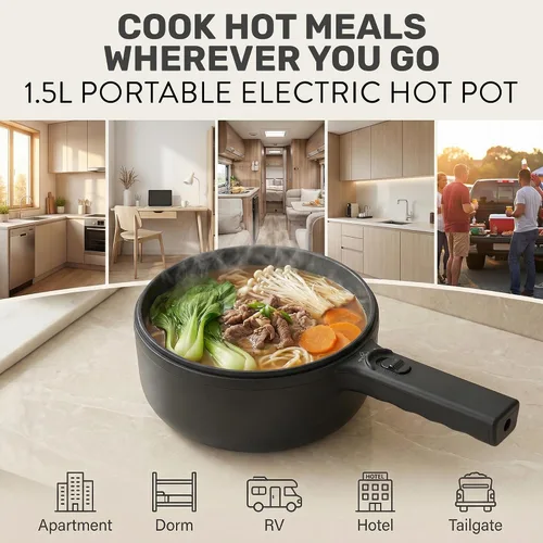 Vista 2 de Ceramax PRO Olla Eléctrica Caliente con Tapa y Vaporera, Sartén de Cocina de Cerámica No Tóxica de 1.5L para Ramen, Huevos, Pasta, Portátil