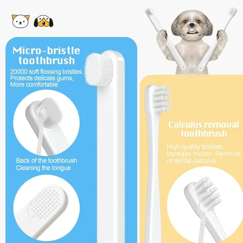 Vista 2 de Kit de cepillo de dientes para perros pequeños y cachorros, cerdas suaves, color blanco Cuidado suave para dientes pequeños. Cepillado