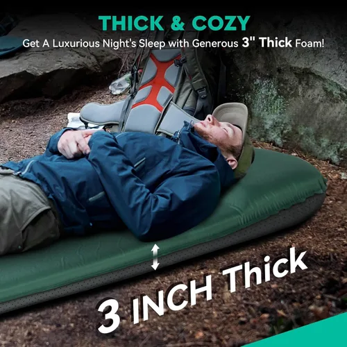 Vista 2 de Hikenture Colchoneta de dormir autoinflable para campamento, almohadilla de campamento ultra gruesa de 3 pulgadas con almohada, colchón