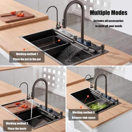 Vista 6 de BEITH Fregadero de cocina moderno, fregadero multifunción de 29 x 17 pulgadas, pantalla digital inteligente, cascada de ángulo ajustable con 3 modos