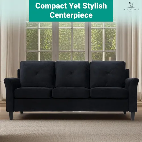Vista 3 de Naomi Home Raelynn - Sofá de microfibra con botones, color negro Sofá de microfibra con botones de mediados de siglo con marco de madera dura