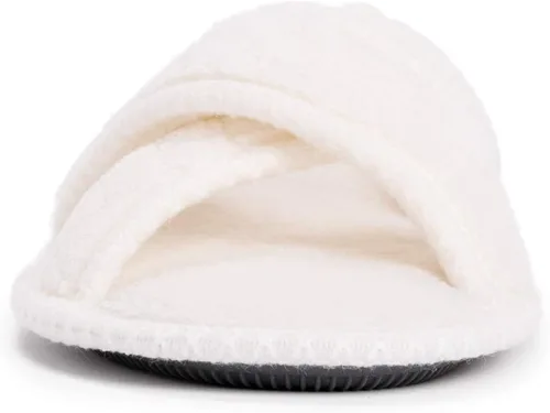 Vista 2 de MUK LUKS Zapatillas Ada de chenilla con banda cruzada para mujer, color blanco margarita Blanco (Daisy White)