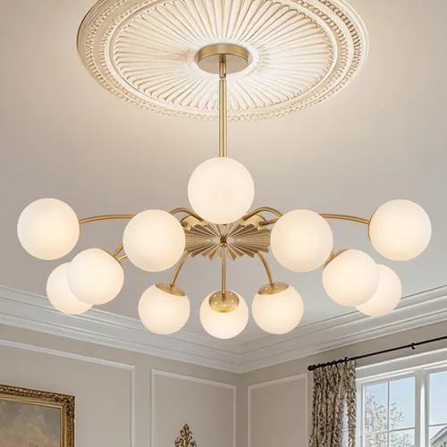 Vista 10 de Lámpara de araña Sputnik de 12 luces, color negro con burbujas de vidrio de leche Luces de techo semi empotradas, acento de flor, Art Deco