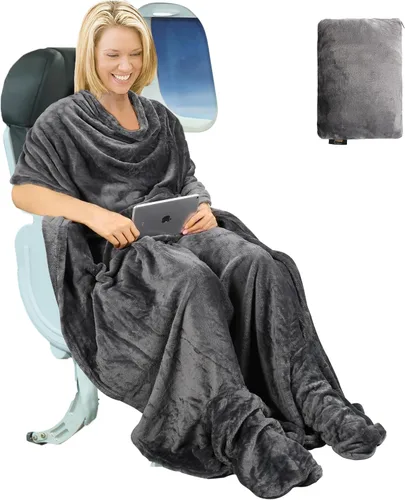 Vista 11 de Tirrinia Manta de viaje para avión, oficina, Poncho 4 en 1, manta portátil de forro polar acogedora de primera calidad con bolsa incorporada