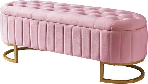 Vista 4 de SOFTSEA Otomana otomana de almacenamiento tapizada rosa, banco otomano de almacenamiento con botones y patas de metal para dormitorio, extremo