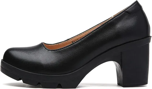 Vista 4 de DADAWEN Zapatos de cuero para mujer, plataforma clásica, tacón medio, punta redonda, Oxford, zapatos de vestir para oficina, fiesta, boda