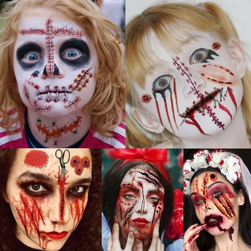 Vista 5 de Billzar - Juego de 138 piezas de tatuajes de cicatrices falsas de Halloween para hombres, adultos, mujeres y niños, kit de maquillaje de zombi, 18