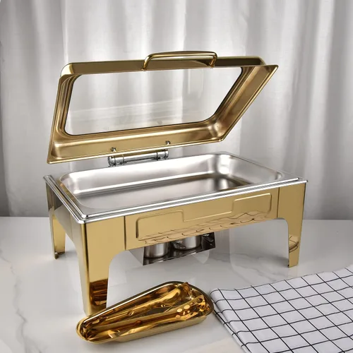 Vista 3 de Estufa de buffet de acero inoxidable de oro de 10 L, estufa cuadrada de preservación de calor para calefacción, plato de roce con cubierta de vidrio
