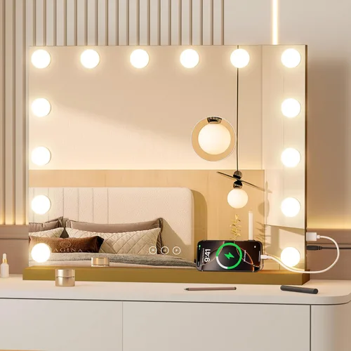 Vista 10 de Espejo de tocador con luces, espejo de maquillaje iluminado con bombillas LED regulables, 3 modos de iluminación de color, puerto de carga USB, Negro