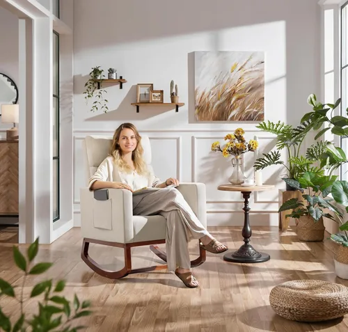 Vista 4 de Yaheetech Silla mecedora para sala de estar, silla deslizante tapizada con bolsillo lateral, silla decorativa moderna con respaldo alto cómodo Beige