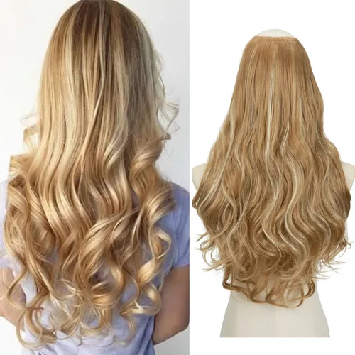 Vista 8 de SARLA Extensiones de cabello sintético con clip, parte en U, largo, ondulado, rizado, grueso, de cabeza completa, para mujer, rubio playa, 24 Playa