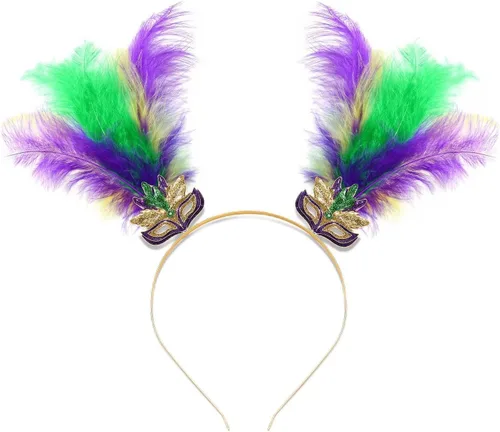 Vista 8 de YAHPERN Diademas de Mardi Gras para mujer, máscara de flor de lis, diadema de plumas de carnaval, accesorios para el cabello, regalos