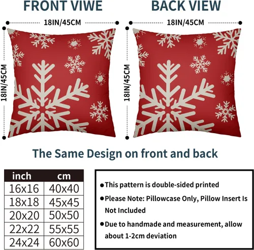 Vista 4 de Juego de 2 fundas de almohada de Navidad de 16 x 16 pulgadas, diseño de copos de nieve rojos rústicos rojos con temática de invierno, almohadas