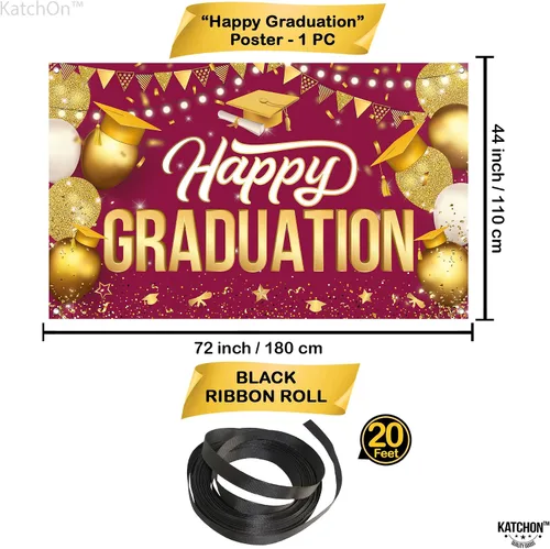 Vista 2 de KatchOn, Cartel de feliz graduación granate y dorado XL, 72 x 44 pulgadas Fondo de graduación 2025, decoraciones de graduación clase de 2025