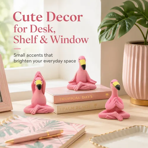 Vista 5 de Goodeco Mini figuras de flamenco de yoga de 2.4 pulgadas, pequeños regalos caprichosos Kawaii Pink Flamingo Decoración de escritorio, juego de 3