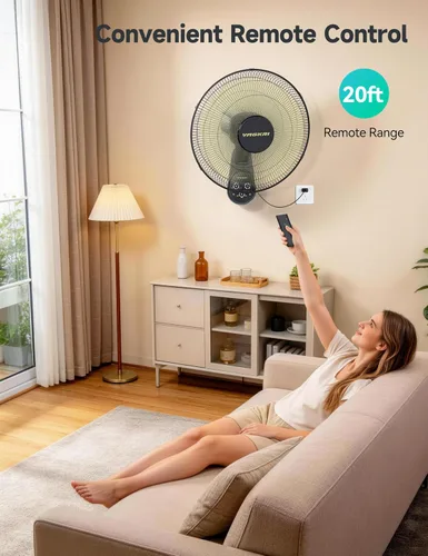 Vista 6 de VAGKRI Ventilador de montaje en pared de 16 pulgadas, ventilador oscilante silencioso con control remoto, 5 velocidades, temporizador de 8 horas