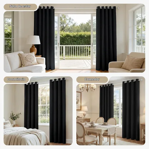 Vista 7 de Joydeco Cortinas negras 100% opacas para dormitorio, oscurecimiento de habitación, aislamiento térmico, cortinas cortas texturizadas con ojales