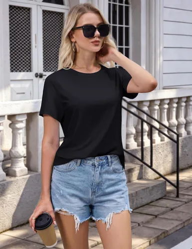 Vista 3 de MAGCOMSEN Camisetas de algodón para mujer de manga corta con cuello redondo, camisetas de ajuste clásico y transpirables de verano a1-Negro
