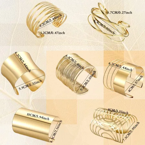 Vista 4 de SAMOCO 7 piezas de brazalete para mujer, brazalete de oro abierto, ancho ancho, brazalete ajustable, brazalete de muñeca, Sin gema