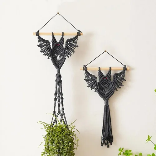 Vista 2 de Macetas colgantes de macramé en forma de murciélago para plantas de interior, hechas a mano, cuerda de algodón tejida a mano, maceta y tapiz